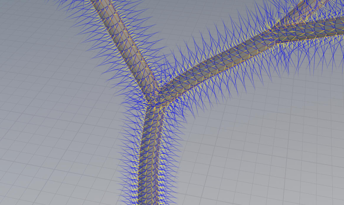 Vectors for advection. Orange lines are tangents; yellow lines are normals; the blue lines are the directional vectors.